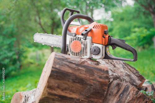 chainsaw lies on sawn logs among the greenery of the forest, selective focus blurred background