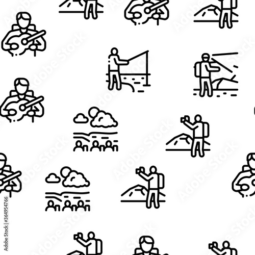 Hiking Extreme Tourism Seamless Pattern Vector Thin Line. Illustrations