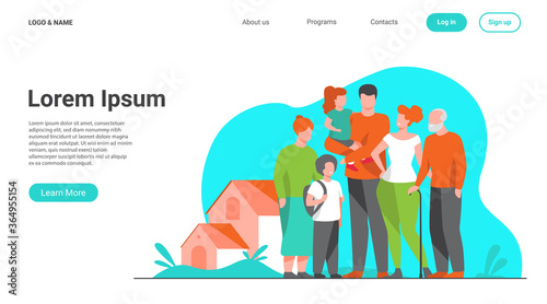 Big family meeting. Couple with senior parents and two kids standing together at suburban house. Vector illustration for love, togetherness, lifestyle concept