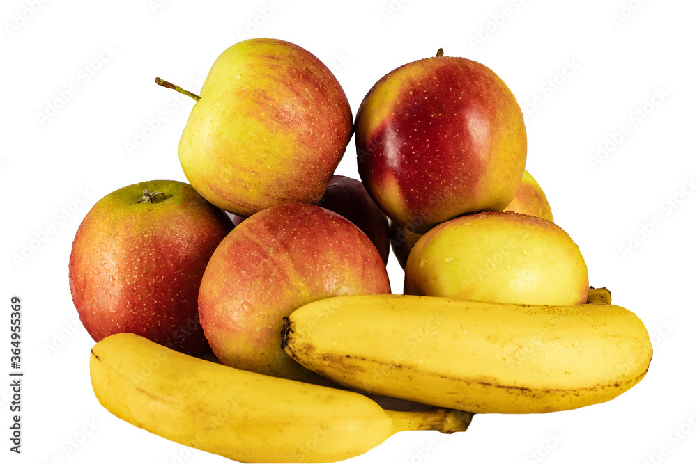 Apples and bananas on an isolated white background