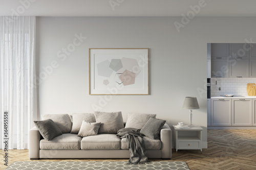 Bright living room with a horizontal poster over a soft sofa overlooking the kitchen. Mockup poster. Front view. 3d render