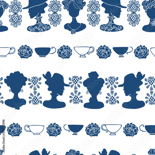 Vector Art deco high tea navy blue and white ladies silhouettes seamless repeat background pattern