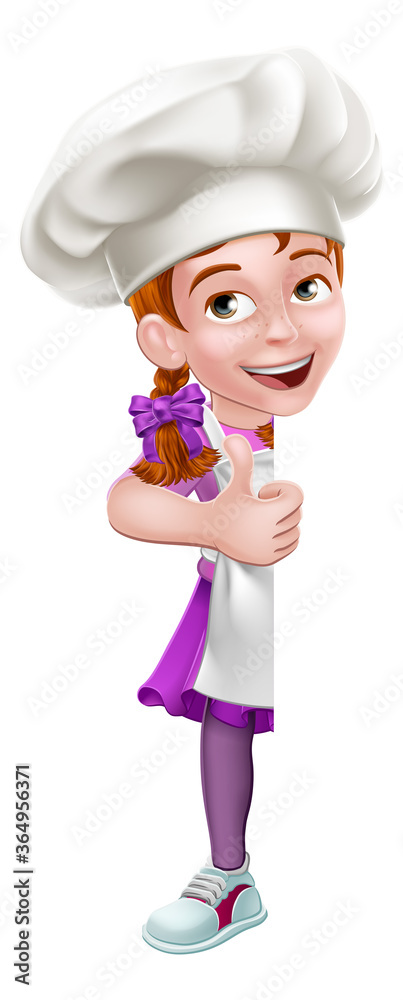 A kid cartoon girl chef, cook or baker child peeking around a sign and giving a thumbs up A kid cartoon girl chef, cook or baker child peeking around a sign and giving a thumbs up