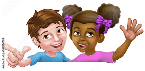Young little boy and girl kids children cartoon characters peeking over a background sign waving and pointing.