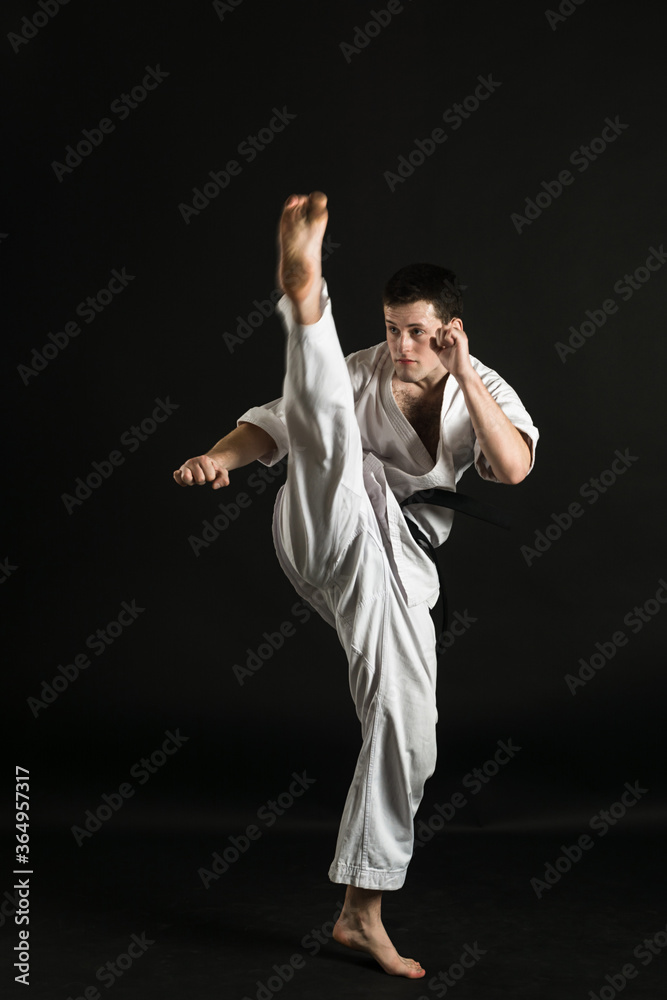 A karateka strikes or stands in a stance. Martial arts. Shidokan karate. Fighter in the studio. Kimono guy on a black background. Punch. Kick. World Karate Association the Shidokan. Black belt. A karateka strikes or stands in a stance. Martial arts. Shidokan karate. Fighter in the studio. Kimono guy on a black background. Punch. Kick. World Karate Association the Shidokan. Black belt.