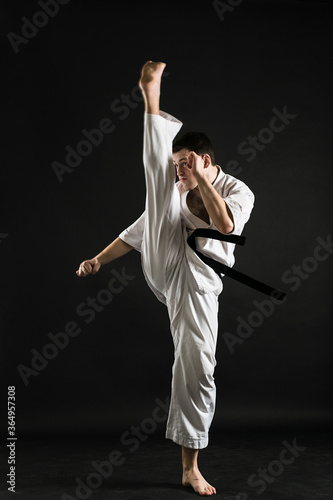 A karateka strikes or stands in a stance. Martial arts. Shidokan karate. Fighter in the studio. Kimono guy on a black background. Punch. Kick. World Karate Association the Shidokan. Black belt.