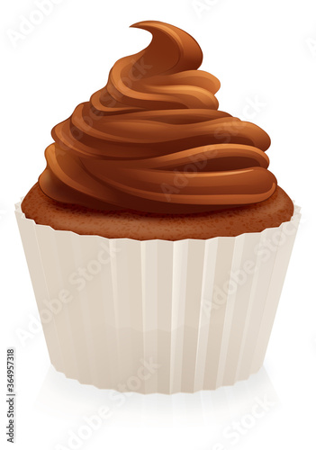 A cupcake or fairy cake cream muffin with chocolate whipped icing frosting