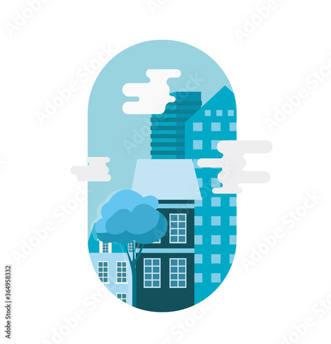 Vector illustration of multi-storey buildings and houses