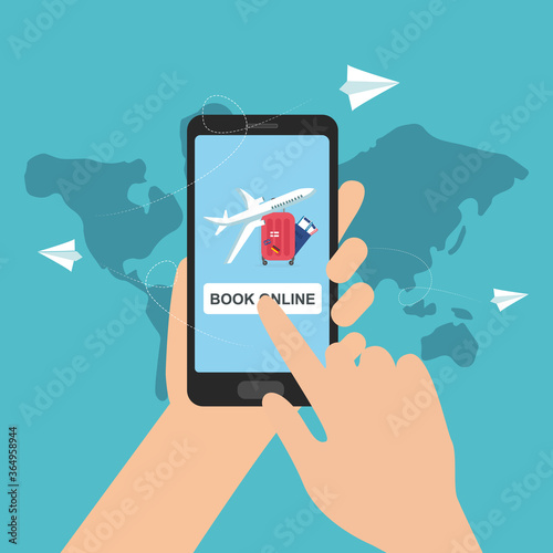 Vector illustration of cell phone with booking website on screen