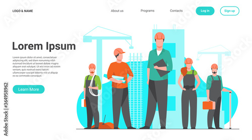 Construction team working on site. Builders, engineers, architects in helmets and overalls holding blueprints, toolkits, measuring tools. Vector illustration for building, engineering, labor