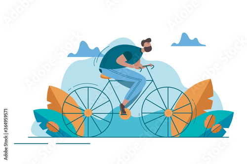 Sport, cycling, activity concept. Young happy man bicyclist guy athlete character riding bike on road. Active relaxing summer hobby recreation on vacation and extreme athletic lifestyle illustration.