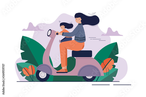 Motherhood, childhood, motorcycling, activity concept. Young woman mom and happy kid child daughter riding bike or scooter togehter. Family active lifestyle recreation or mothers day illustration.