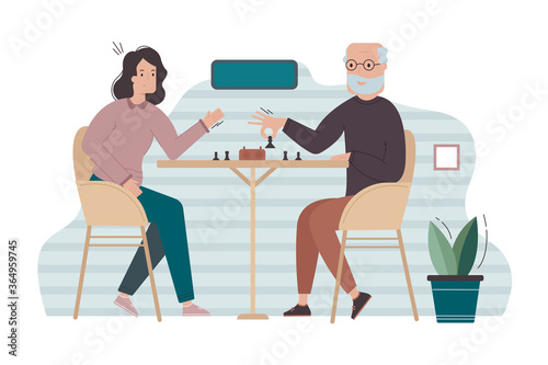 Sport, game, competition, championship concept. Senior citizen old man pensioner playing chess with young woman girl competitor partner. Strategy gaming planning or recreation activity illustration.