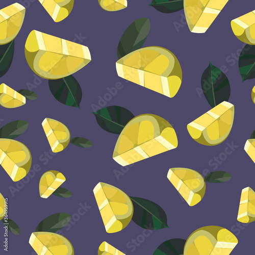 Seamless summer pattern with lemons and leaves. Yellow background with lemons.  Decorative illustration, good for printing.Fresh lemons backgroundTemplate for print, textile,cover and box design. photo