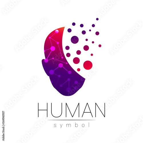 Vector symbol of human head. Person face. Red violet color isolated on white. Concept sign for business, science, psychology, medicine, technology. Creative sign design Man silhouette. Modern logo