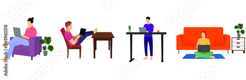 Young men and women work as freelancers on laptops at home. People at home in quarantine. Illustration in a flat style.