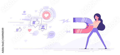 Woman attracting likes signs  comments and followers with a huge magnet. Social media marketing concept. Modern vector illustration.