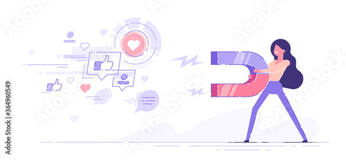 Woman attracting likes signs, comments and followers with a huge magnet. Social media marketing concept. Modern vector illustration.