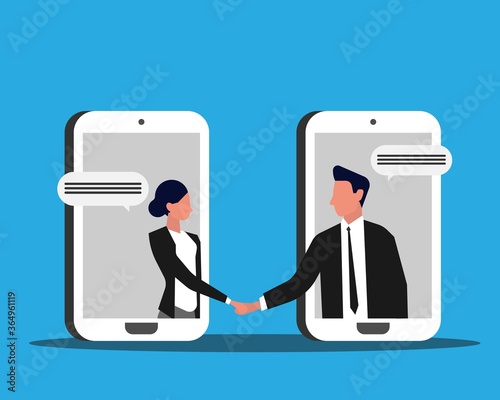 Businesswoman And Businessman Handshaking Through Cellphone Screens, Blue Background, Illustration