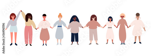 Group of different smiling women standing together and holding hands. Group of female friends, union of feminists. Vector illustration isolated on white background