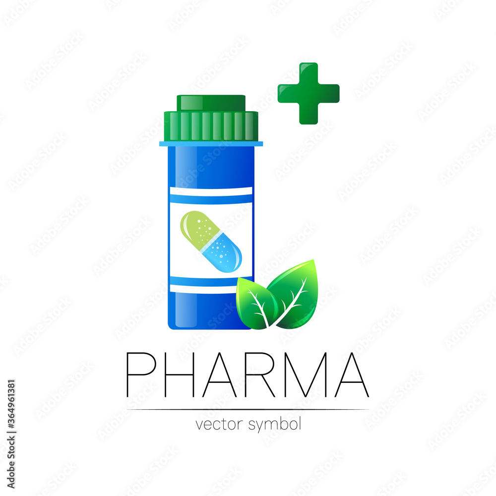 Pharmacy vector symbol with blue pill bottle and green leaf, cross for pharmacist, pharma store, doctor and medicine. Modern design vector logo on white. Pharmaceutical icon logotype . Health Pharmacy vector symbol with blue pill bottle and green leaf, cross for pharmacist, pharma store, doctor and medicine. Modern design vector logo on white. Pharmaceutical icon logotype . Health