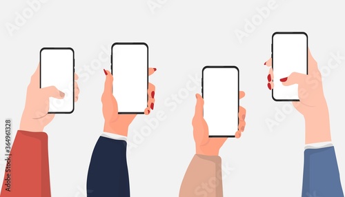 Hands Holding Smartphones With Blank Screens Over Gray Background, Illustration