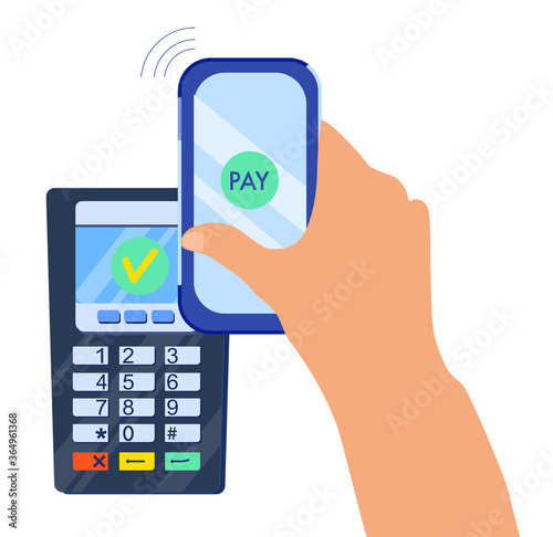 NFC Contactless technology.POS terminal confirms the payment by smartphone.PINpad or digital signature. photo