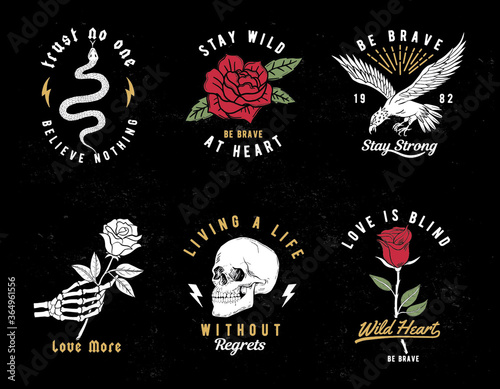 Set of Wild love theme vector graphic. Snake, roses, eagle and skull illustrations. For t-shirt prints and other uses.