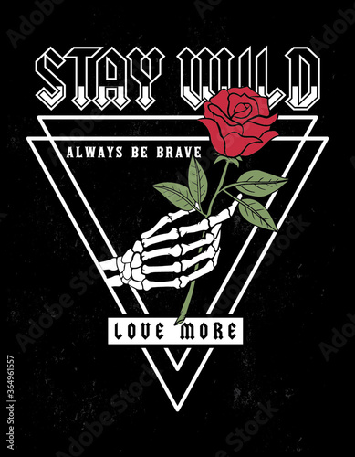 Skeleton hand holding a red rose. Vector illustration for t-shirt and other uses.