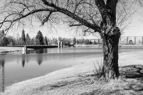 Mseno Reservoir with old stone dam on sunny day. Jablonec nad Nisou, Czech Republic photo