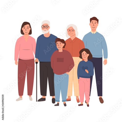 Smiling big caucasian family portrait standing together. Mother and father with their parents. Wife and husband with son and daughter. Grandparents with their grandson and granddaughter. Vector.