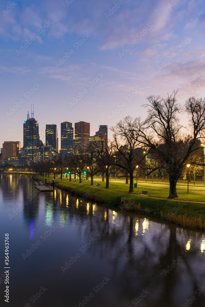 The Yarra River leading into the Melbourne in Australia during winter