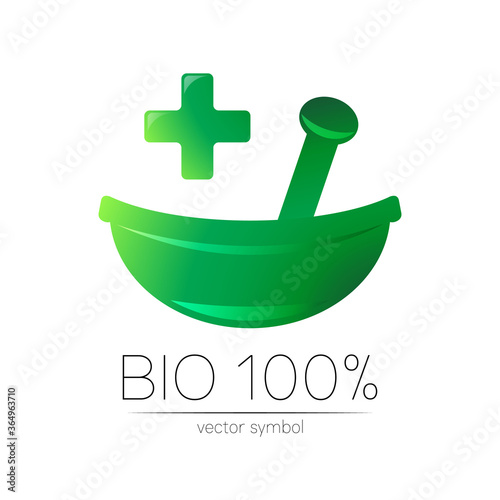 Green herbal bowl vector logotype with cross. Concept symbol for medical, clinic, pharmacy business or shop. Nature design with leaf element. Creative ECO label or logo. Traditional herbal therapy.
