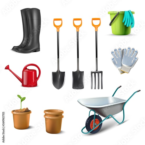 3d realistic vector collection of icon illustrations of garden utensils, wheelbarrow, rubber boots, pot, worker gloves, pots.