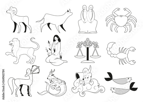 Illustrations of zodiac signs collections, medieval style, isolated on white background.