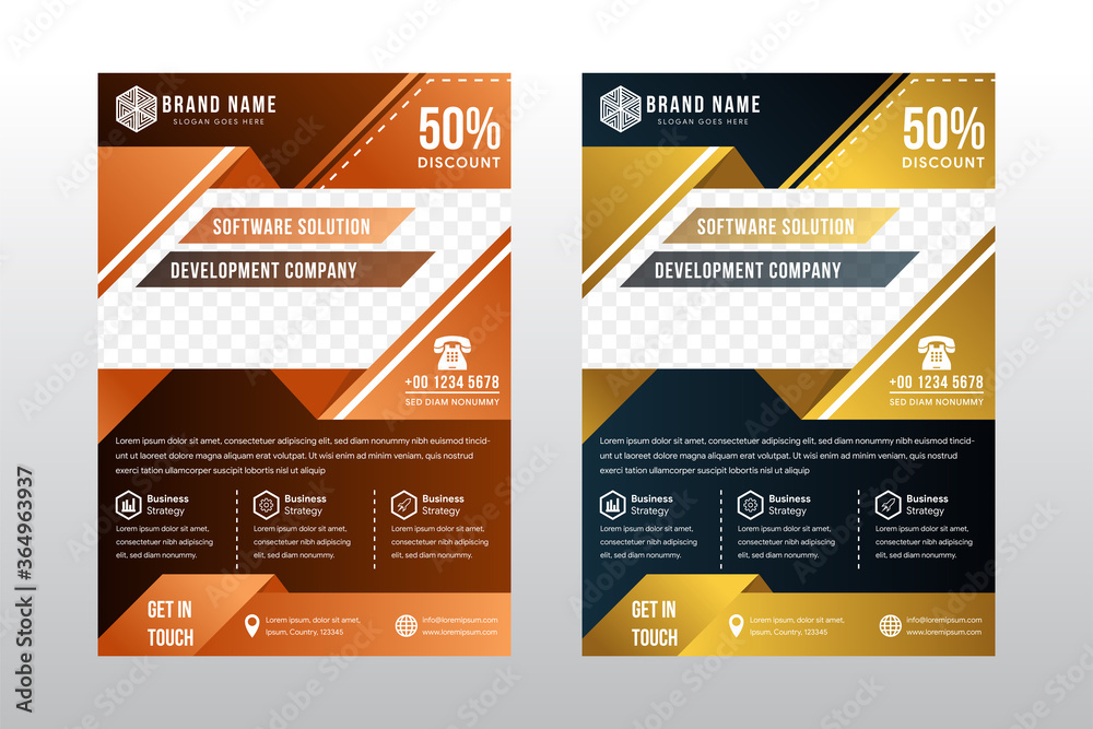 set of vertical layout of multipurpose flyer design use diagonal elements with paper cut style. The object use blue and brown gradient on background, orange and gold on element. diagonal shape photo set of vertical layout of multipurpose flyer design use diagonal elements with paper cut style. The object use blue and brown gradient on background, orange and gold on element. diagonal shape photo