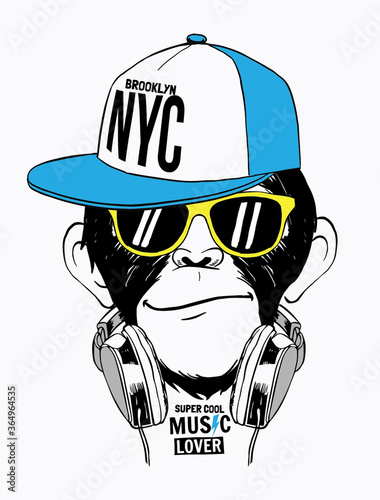 Hand drawn monkey illustration, with glasses, a headphone, a hat and hand drawn slogans. Vector graphics for t-shirt and other uses.