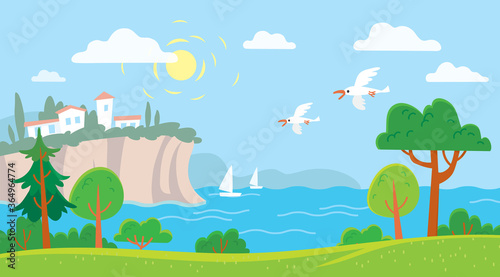 Sea shore landscape with harbor, sailboats, seagull and rocks. Cartoon panoramic view.
