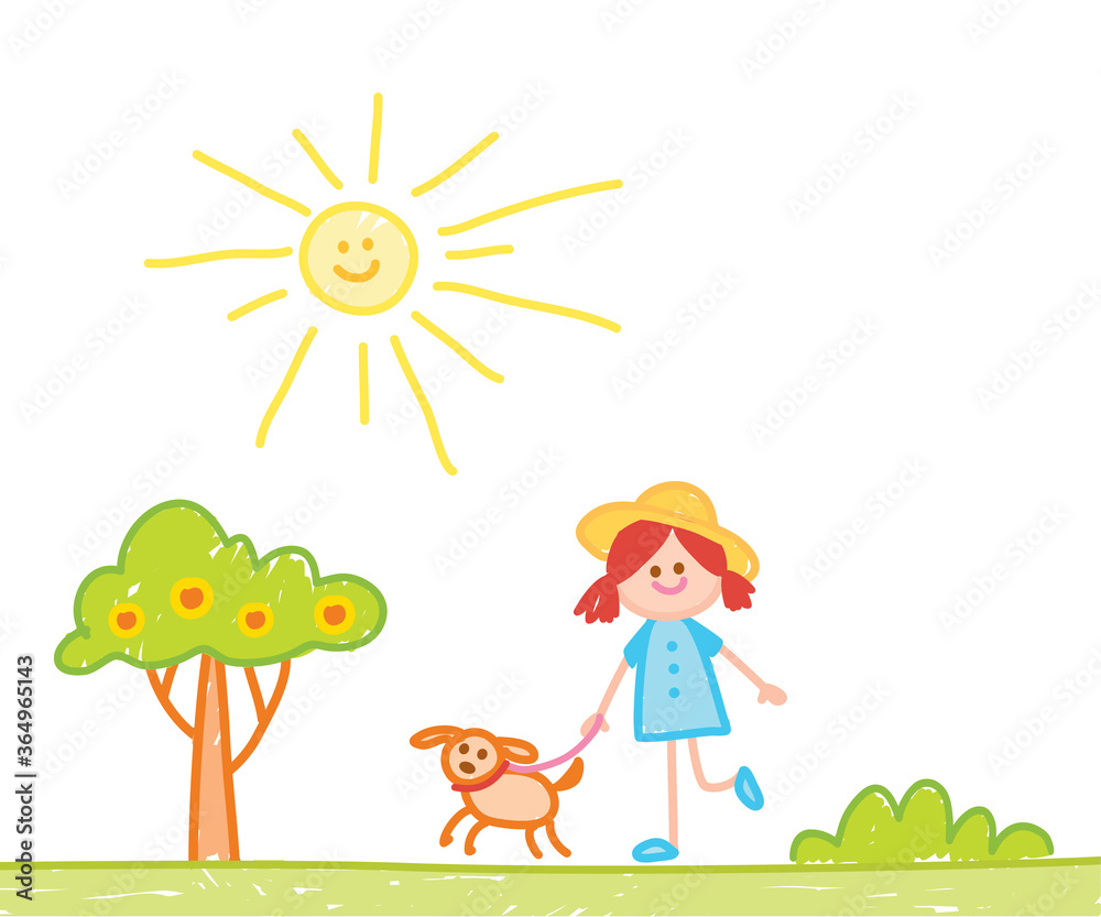 Child hand drawn illusration with sun, tree, buildings, dog and girl. Hand painting. Kid drawing. 