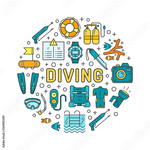 Diving equipment and scuba gear thin line icon set