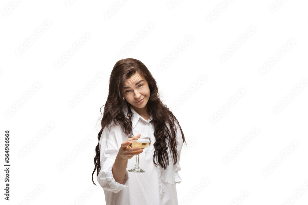 Rich, cheers. Young caucasian woman with funny, unusual popular emotions and gestures on white studio background. Human emotions, facial expression, sales, ad concept. Trendy look inspired by memes. Rich, cheers. Young caucasian woman with funny, unusual popular emotions and gestures on white studio background. Human emotions, facial expression, sales, ad concept. Trendy look inspired by memes.