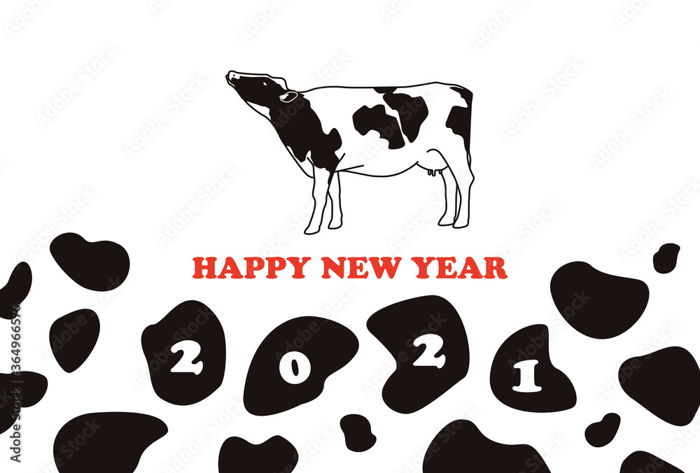 丑年 2021年 牛とホルスタイン柄の年賀状イラスト 丑年 2021年 牛とホルスタイン柄の年賀状イラスト