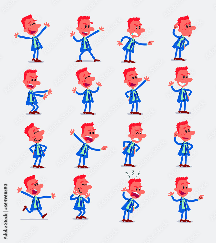 Cartoon character businessman in smart casual style. Set with different postures, attitudes and poses, doing different activities in isolated vector illustrations.

