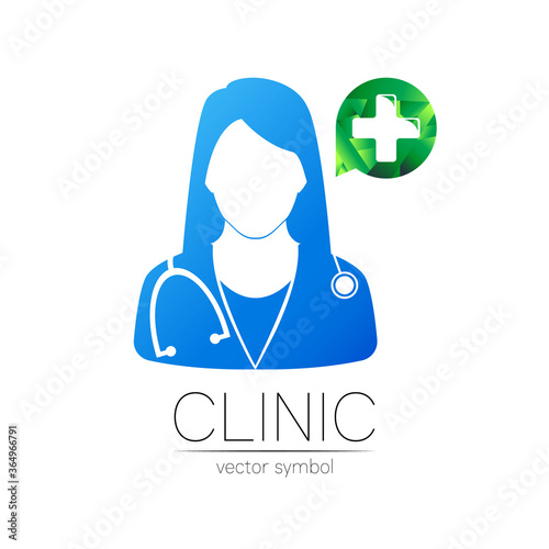 Female doctor with cross in green circle vector logotype. Medicine identity and concept. Logo for clinic, medical, pharmacy, online chat, business, health care. Silhouette in blue gradient color
