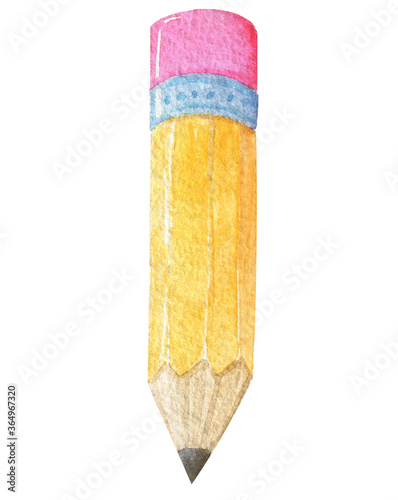 watercolor yellow pencil isolated on white background. School stationery