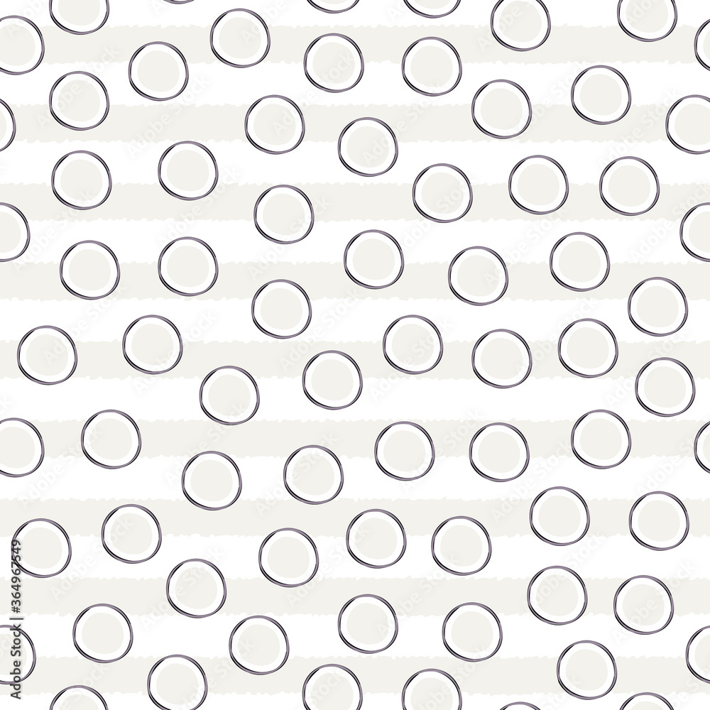 Vector Circles Beige White Purple Scattered on White Beige Stripes Seamless Repeat Pattern. Background for textiles, cards, manufacturing, wallpapers, print, gift wrap and scrapbooking.