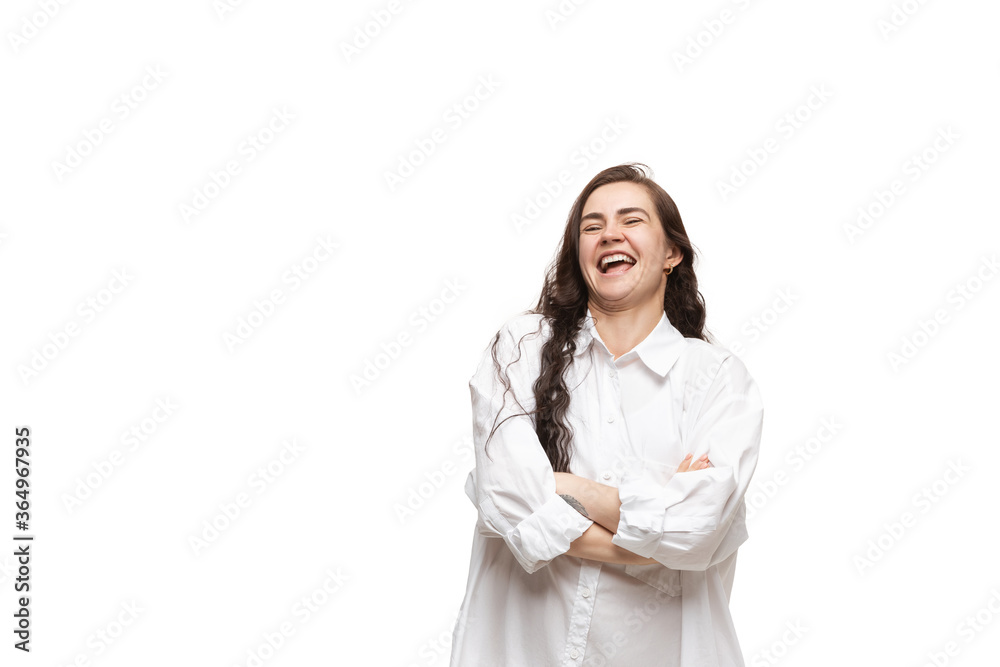 Trolling. Young caucasian woman with funny, unusual popular emotions and gestures on white studio background. Human emotions, facial expression, sales, ad concept. Trendy look inspired by memes. Trolling. Young caucasian woman with funny, unusual popular emotions and gestures on white studio background. Human emotions, facial expression, sales, ad concept. Trendy look inspired by memes.