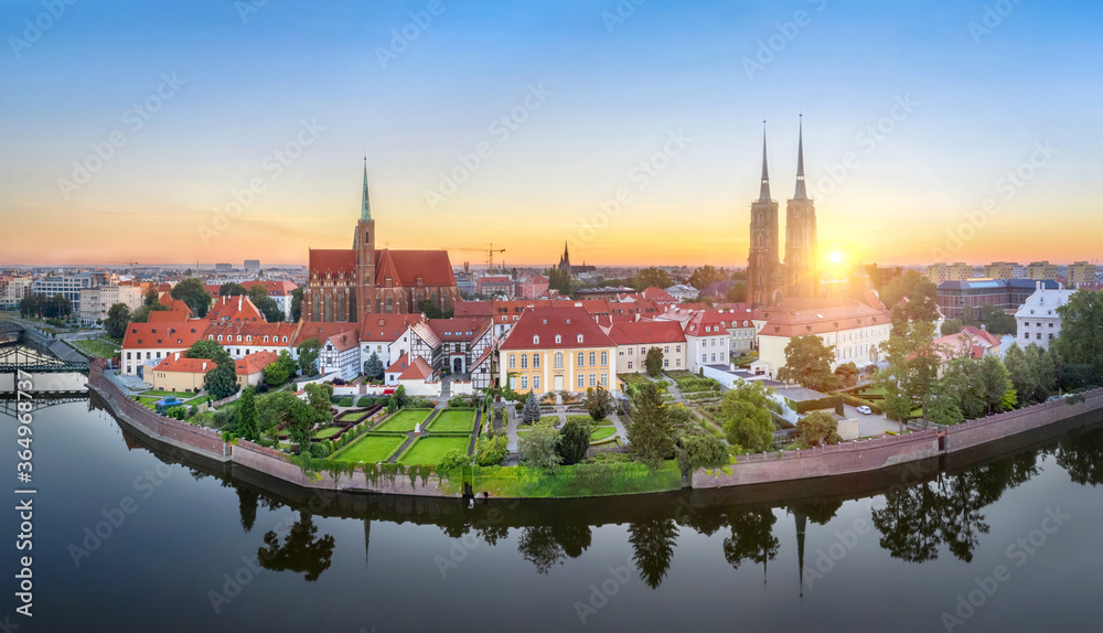 Wroclaw, Poland. Panoramic aerial view of Cathedral Island (Ostrow Tumski) on sunrise