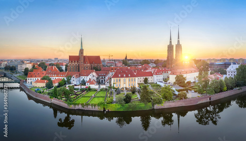 Wroclaw, Poland. Panoramic aerial view of Cathedral Island (Ostrow Tumski) on sunrise