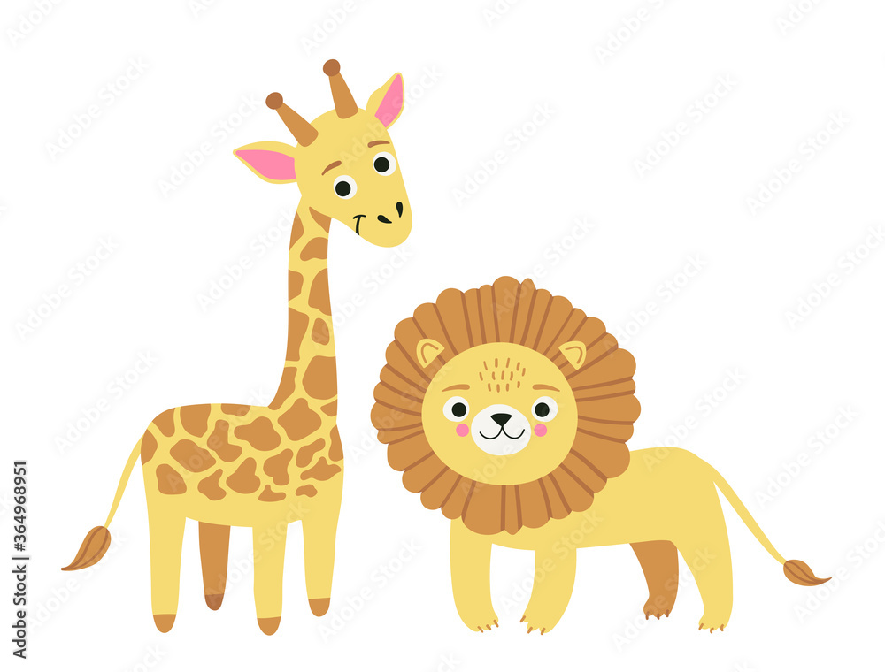 Fototapeta premium Vector cartoon illustration of cartoon cute safari animals - giraffe and lion on white background